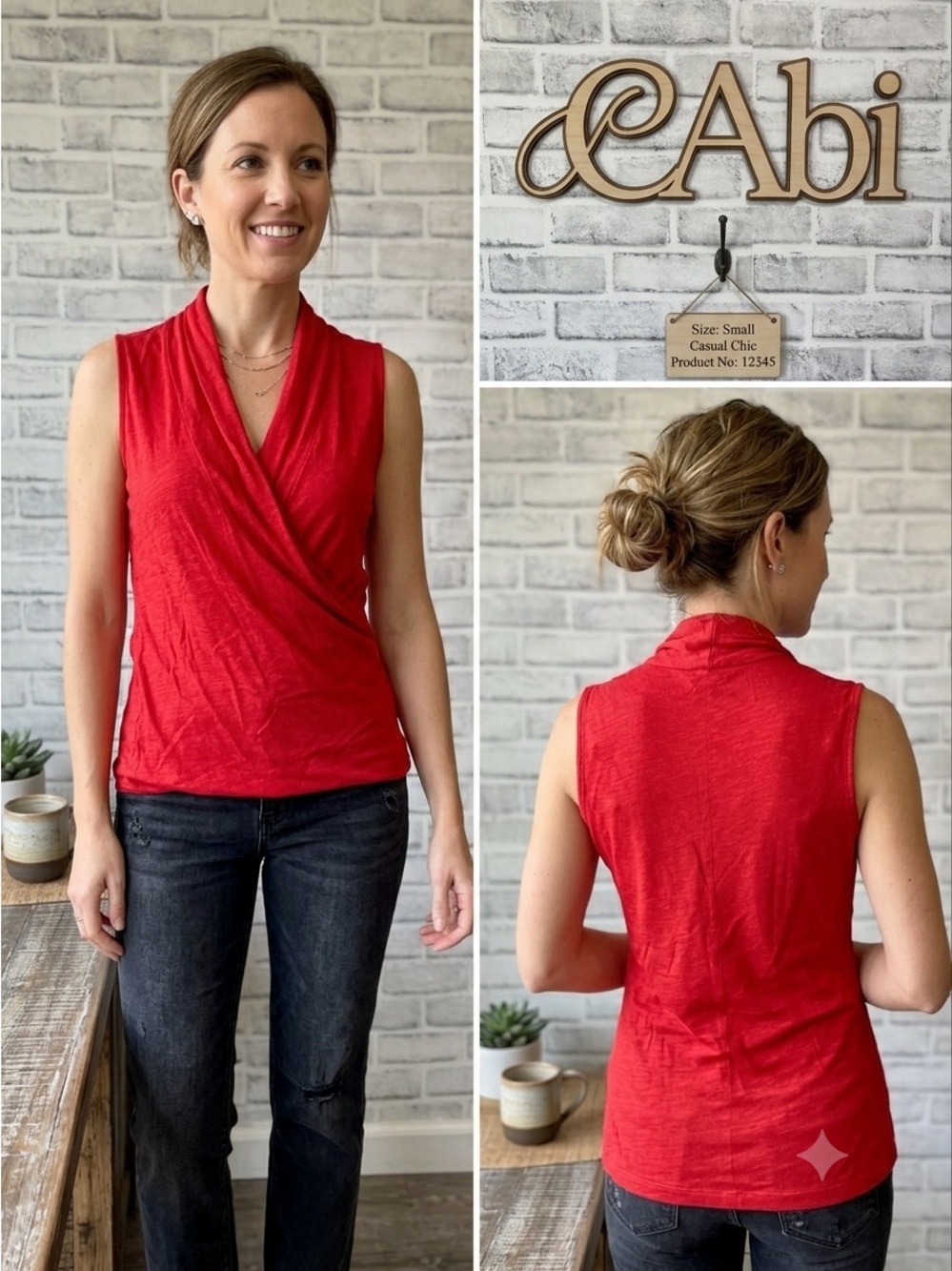 CAbi Faux Wrap Crossover Red Coral Sleeveless Top Style 115 Small